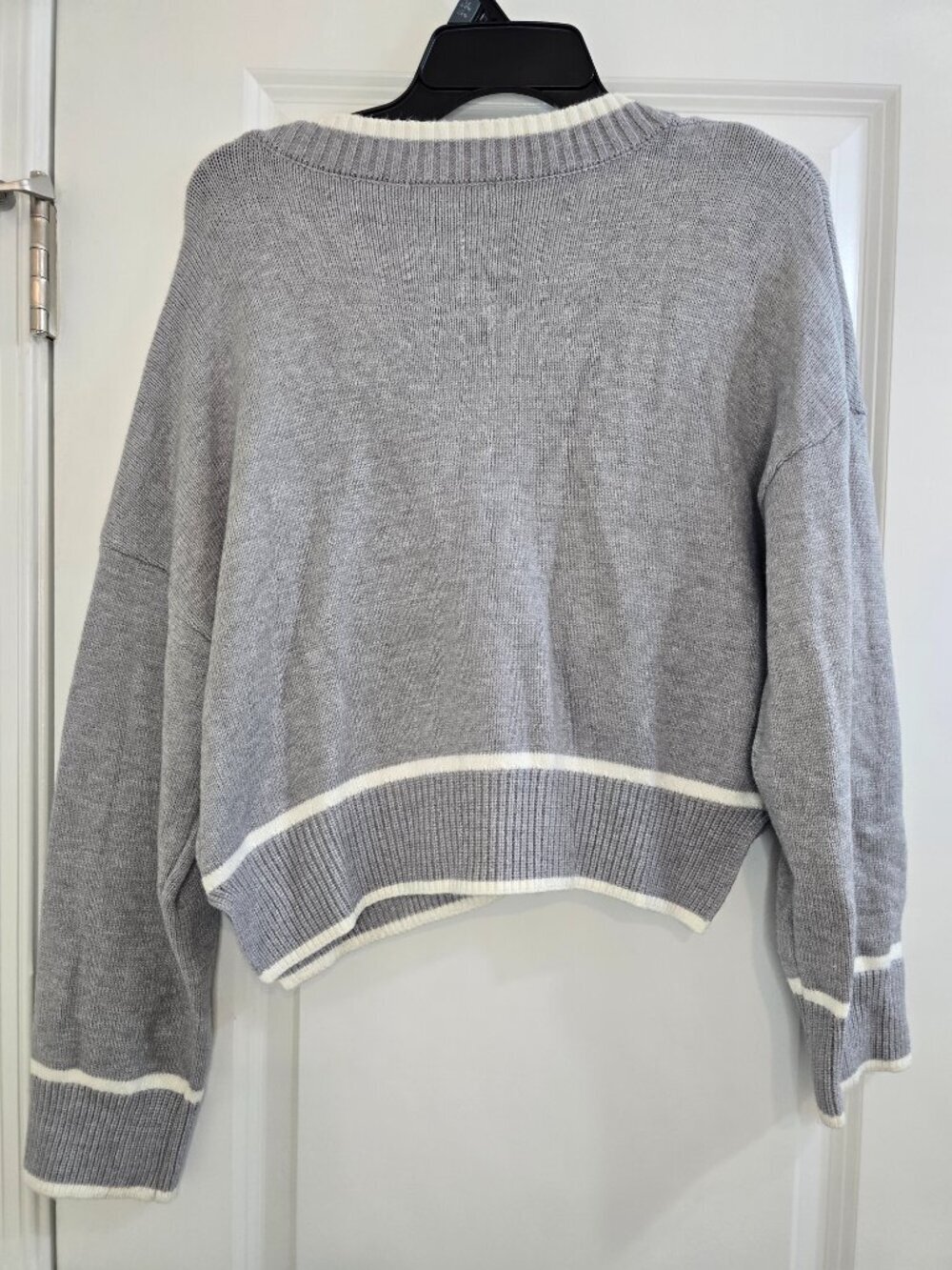 Sincerely Jules Cropped Varsity Cardigan -  Light Gray & White - Picture 3 of 6